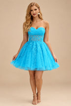 Rutipo Blue A-line Strapless Sweetheart Corset Lace Homecoming Dress with Pleated