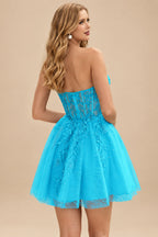 Rutipo Blue A-line Strapless Sweetheart Corset Lace Homecoming Dress with Pleated