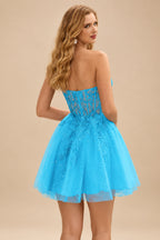 Rutipo Blue A-line Strapless Sweetheart Corset Lace Homecoming Dress with Pleated