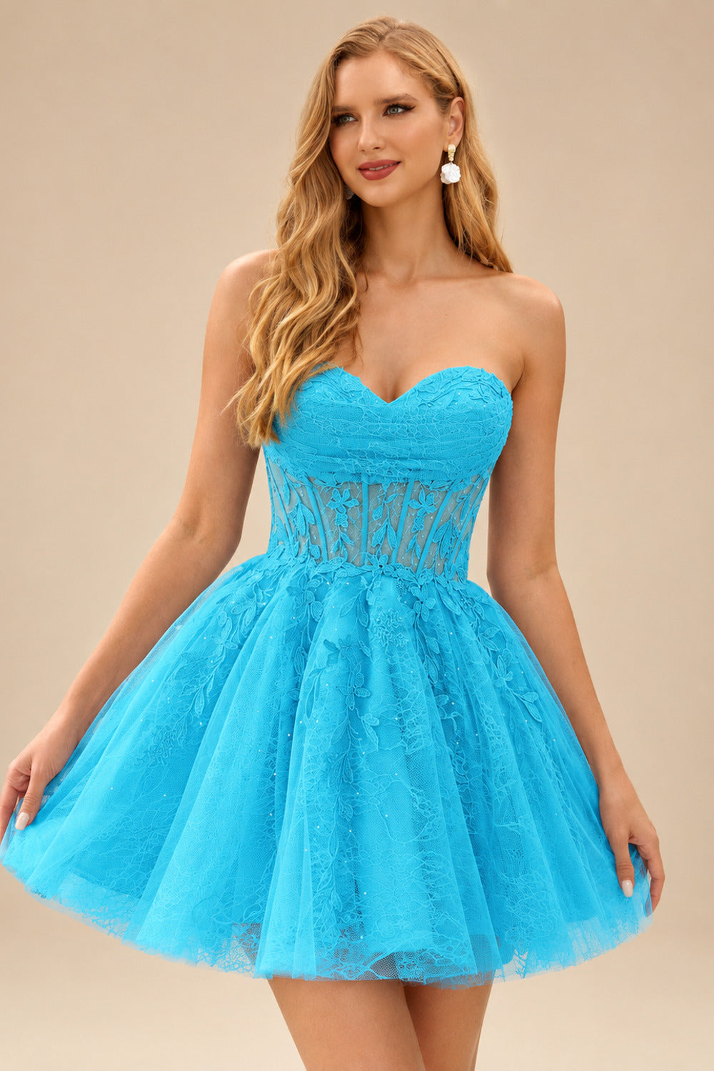 Rutipo Blue A-line Strapless Sweetheart Corset Lace Homecoming Dress with Pleated