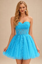 Rutipo Blue A-line Strapless Sweetheart Corset Lace Homecoming Dress with Pleated
