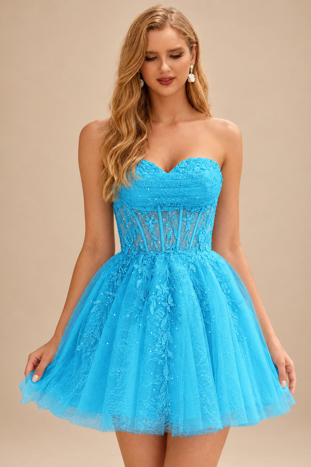Rutipo Blue A-line Strapless Sweetheart Corset Lace Homecoming Dress with Pleated