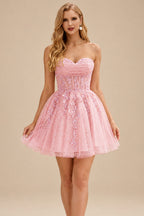 Rutipo Blushing Pink A-line Strapless Sweetheart Corset Lace Homecoming Dress with Pleated