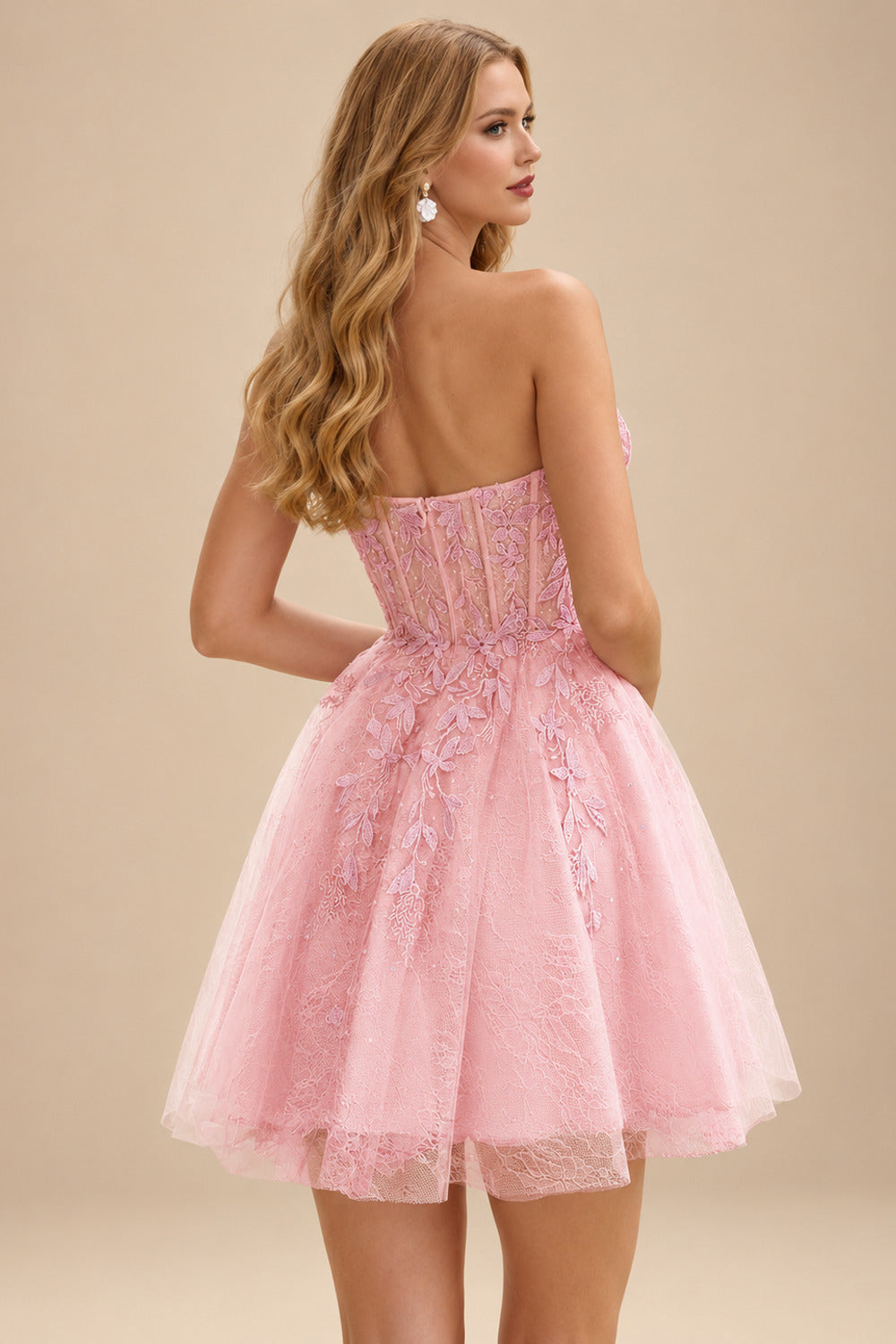 Rutipo Blushing Pink A-line Strapless Sweetheart Corset Lace Homecoming Dress with Pleated