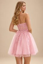 Rutipo Blushing Pink A-line Strapless Sweetheart Corset Lace Homecoming Dress with Pleated