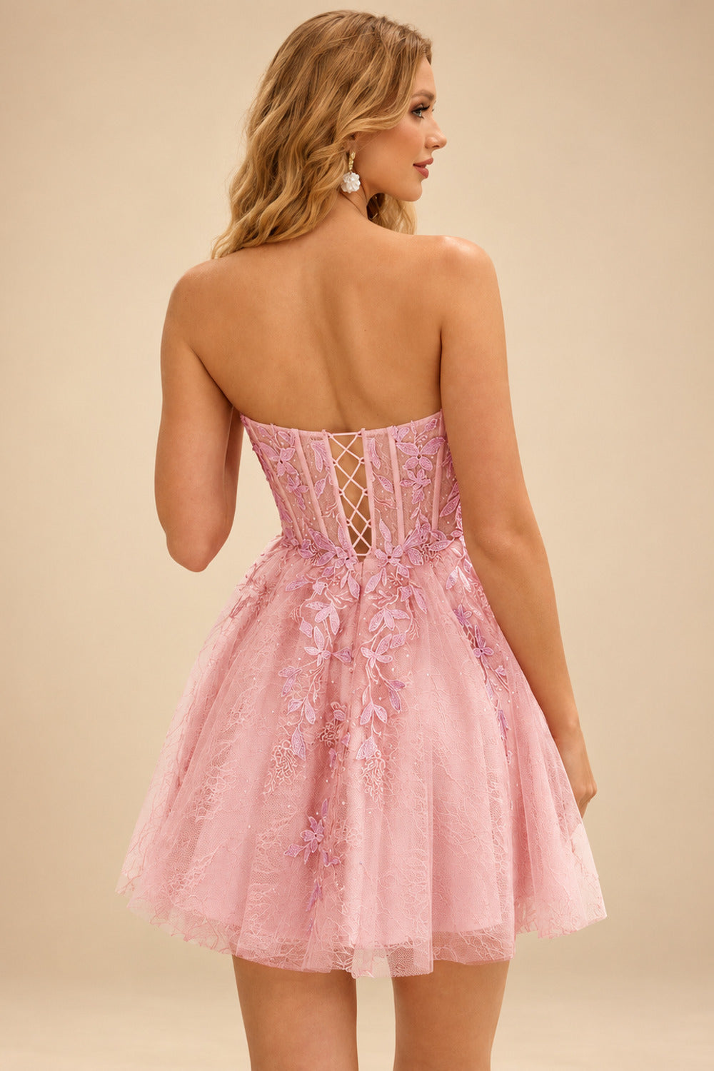 Rutipo Blushing Pink A-line Strapless Sweetheart Corset Lace Homecoming Dress with Pleated