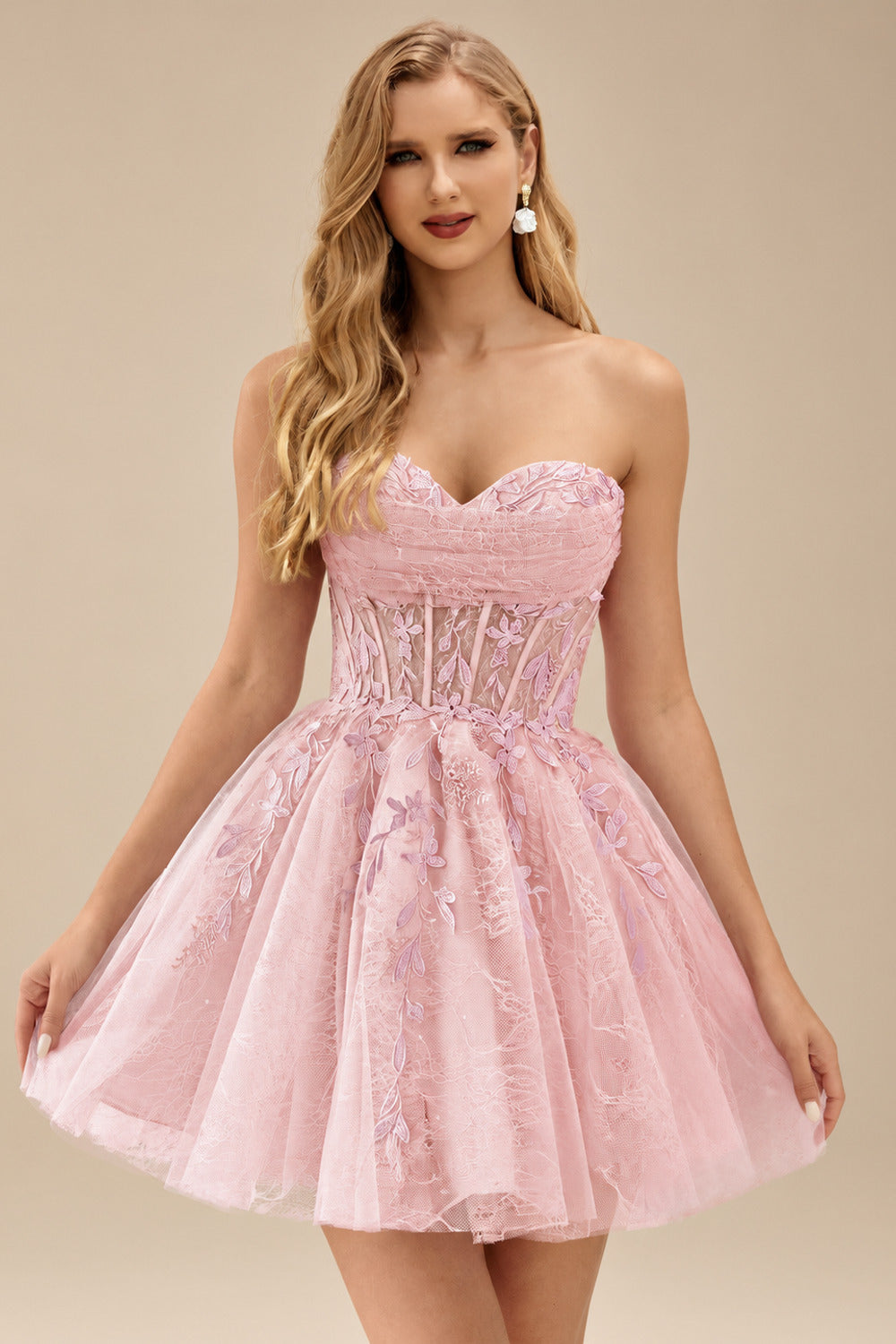 Rutipo Blushing Pink A-line Strapless Sweetheart Corset Lace Homecoming Dress with Pleated