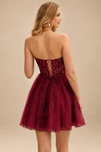 Rutipo Burgundy A-line Strapless Sweetheart Corset Lace Homecoming Dress with Pleated