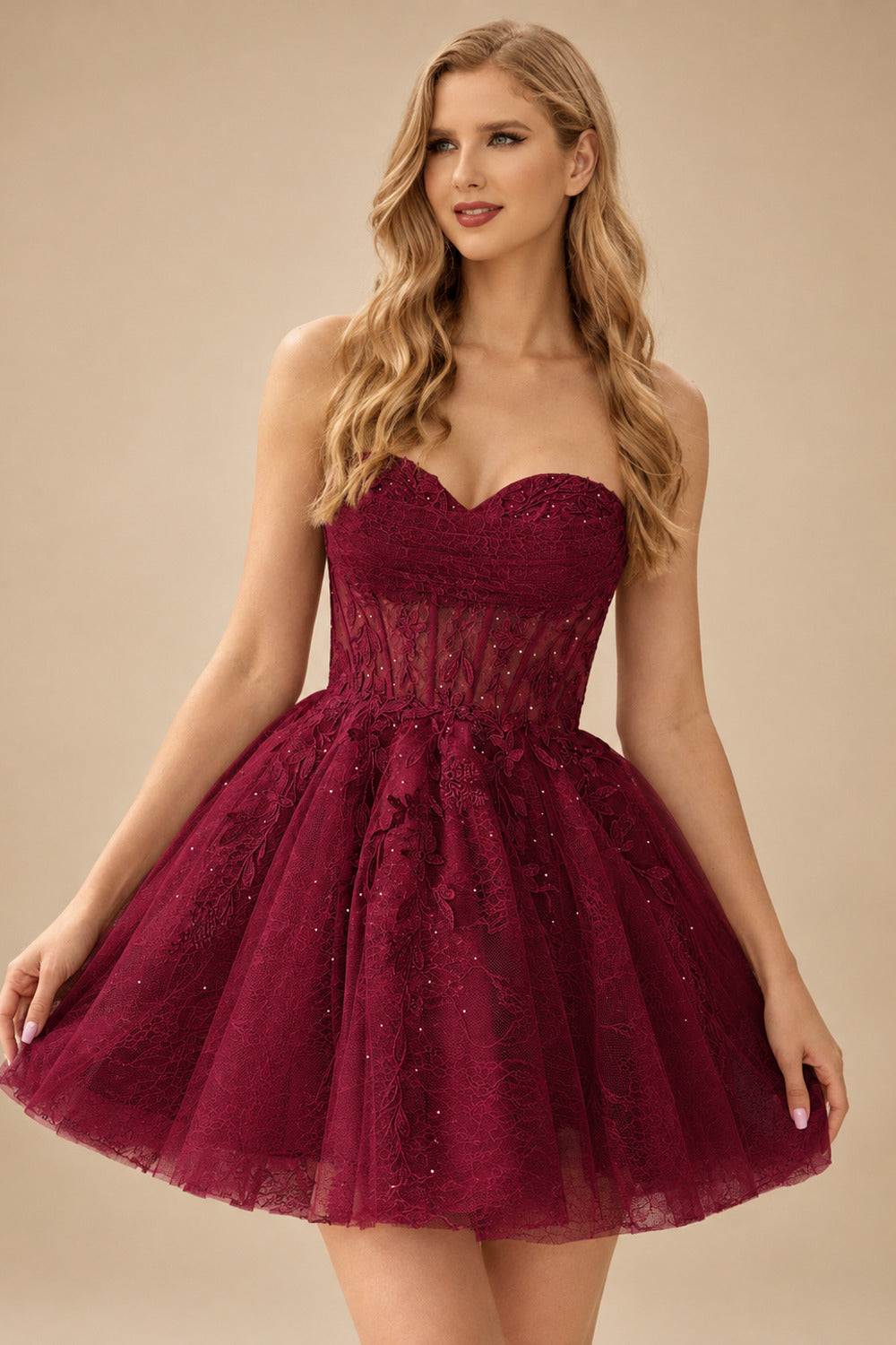 Rutipo Burgundy A-line Strapless Sweetheart Corset Lace Homecoming Dress with Pleated
