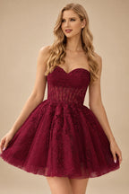 Rutipo Burgundy A-line Strapless Sweetheart Corset Lace Homecoming Dress with Pleated