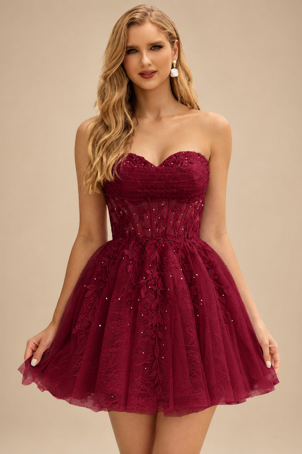 Rutipo Burgundy A-line Strapless Sweetheart Corset Lace Homecoming Dress with Pleated