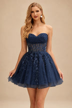 Rutipo Dark Navy A-line Strapless Sweetheart Corset Lace Homecoming Dress with Pleated