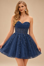 Rutipo Dark Navy A-line Strapless Sweetheart Corset Lace Homecoming Dress with Pleated