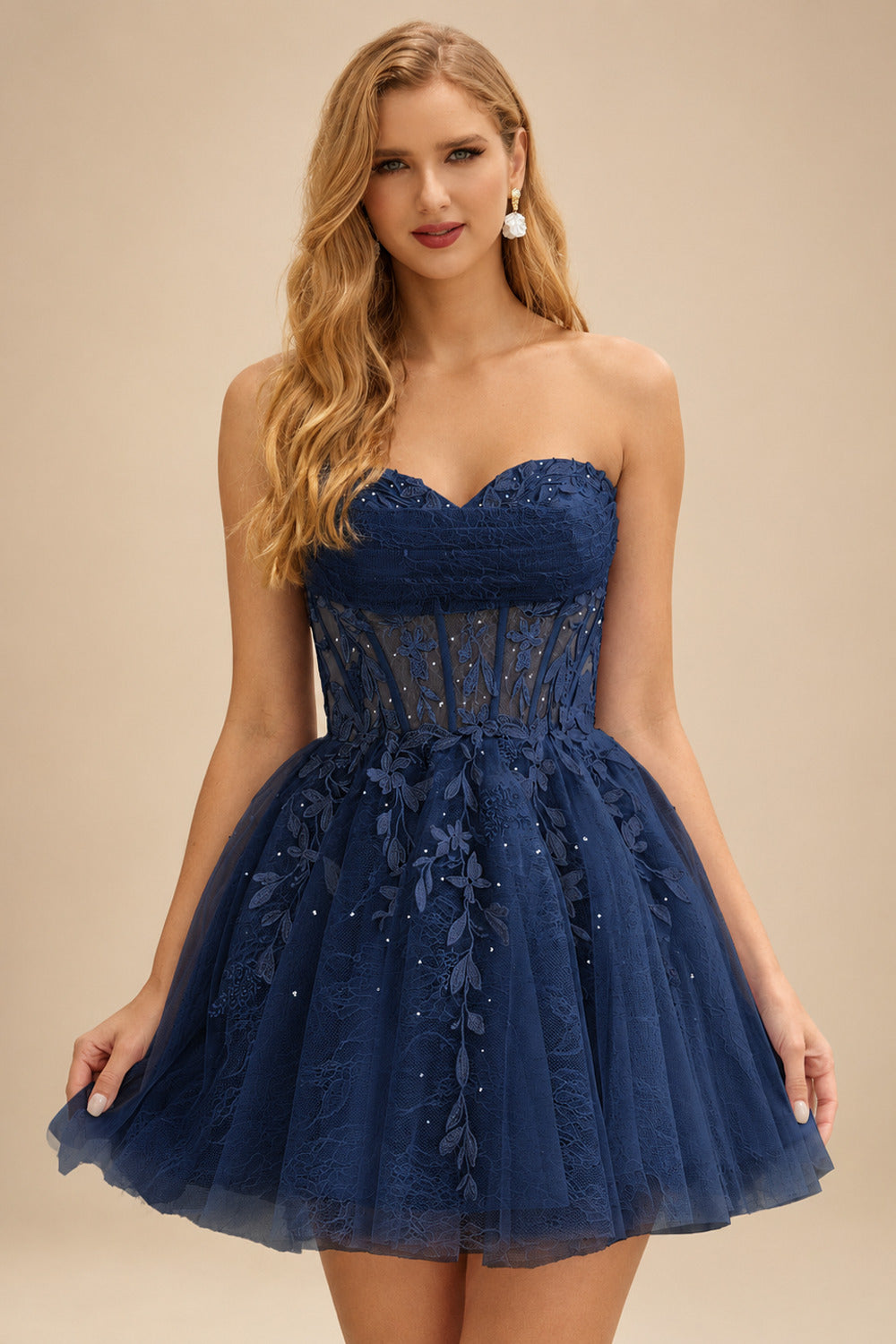 Rutipo Dark Navy A-line Strapless Sweetheart Corset Lace Homecoming Dress with Pleated