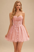 Rutipo Dusty Pink A-line Strapless Sweetheart Corset Lace Homecoming Dress with Pleated