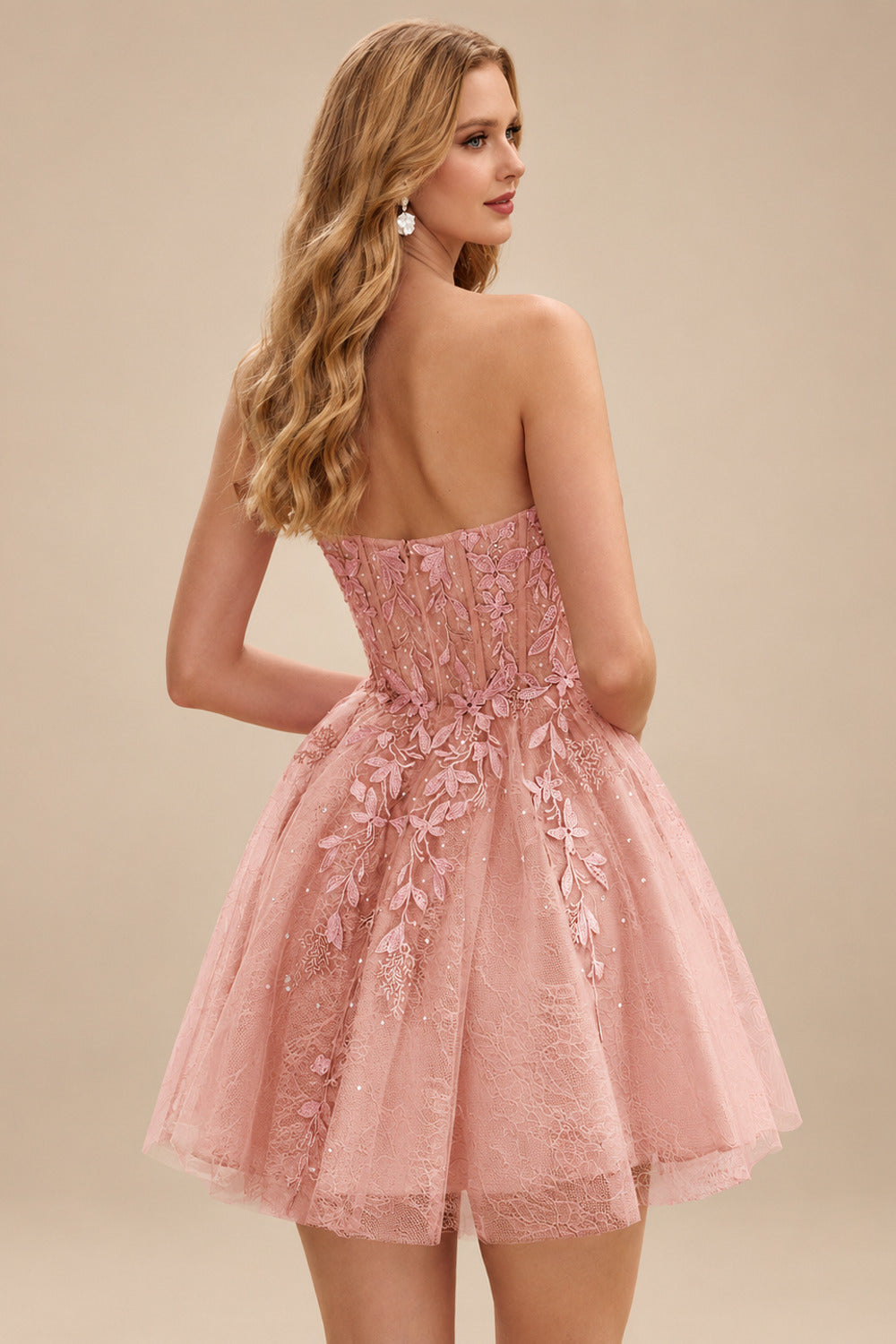 Rutipo Dusty Pink A-line Strapless Sweetheart Corset Lace Homecoming Dress with Pleated