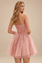Rutipo Dusty Pink A-line Strapless Sweetheart Corset Lace Homecoming Dress with Pleated