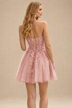 Rutipo Dusty Pink A-line Strapless Sweetheart Corset Lace Homecoming Dress with Pleated