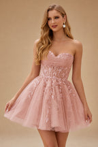 Rutipo Dusty Pink A-line Strapless Sweetheart Corset Lace Homecoming Dress with Pleated