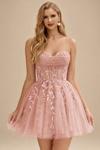Rutipo Dusty Pink A-line Strapless Sweetheart Corset Lace Homecoming Dress with Pleated