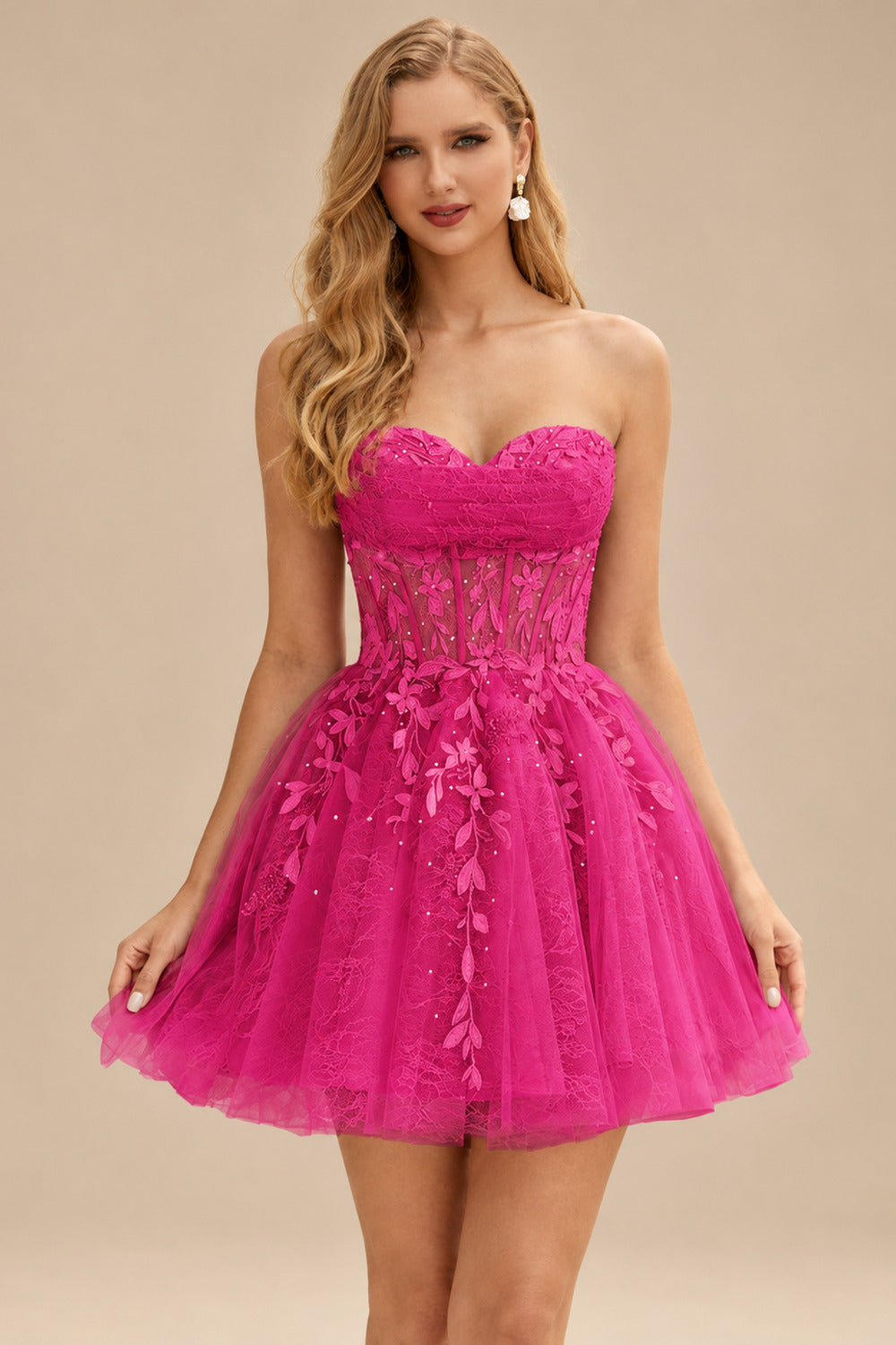 Rutipo Fuchsia A-line Strapless Sweetheart Corset Lace Homecoming Dress with Pleated