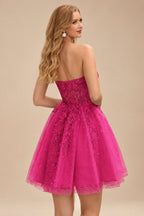 Rutipo Fuchsia A-line Strapless Sweetheart Corset Lace Homecoming Dress with Pleated