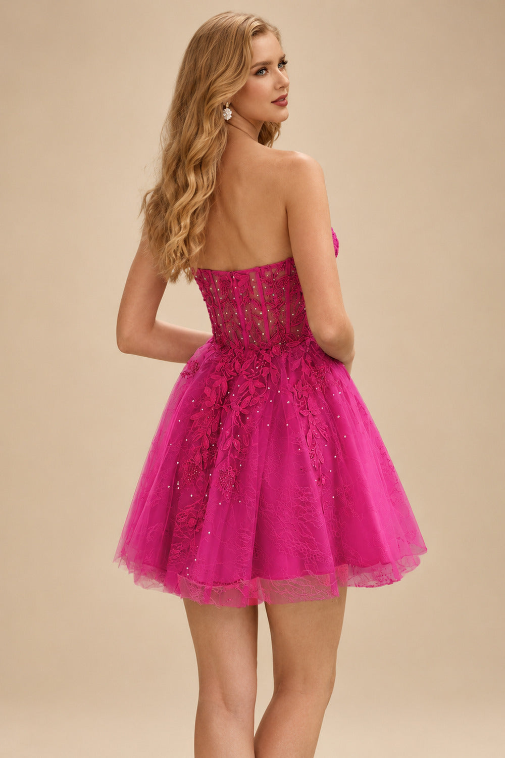 Rutipo Fuchsia A-line Strapless Sweetheart Corset Lace Homecoming Dress with Pleated