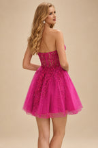 Rutipo Fuchsia A-line Strapless Sweetheart Corset Lace Homecoming Dress with Pleated