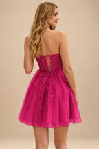 Rutipo Fuchsia A-line Strapless Sweetheart Corset Lace Homecoming Dress with Pleated