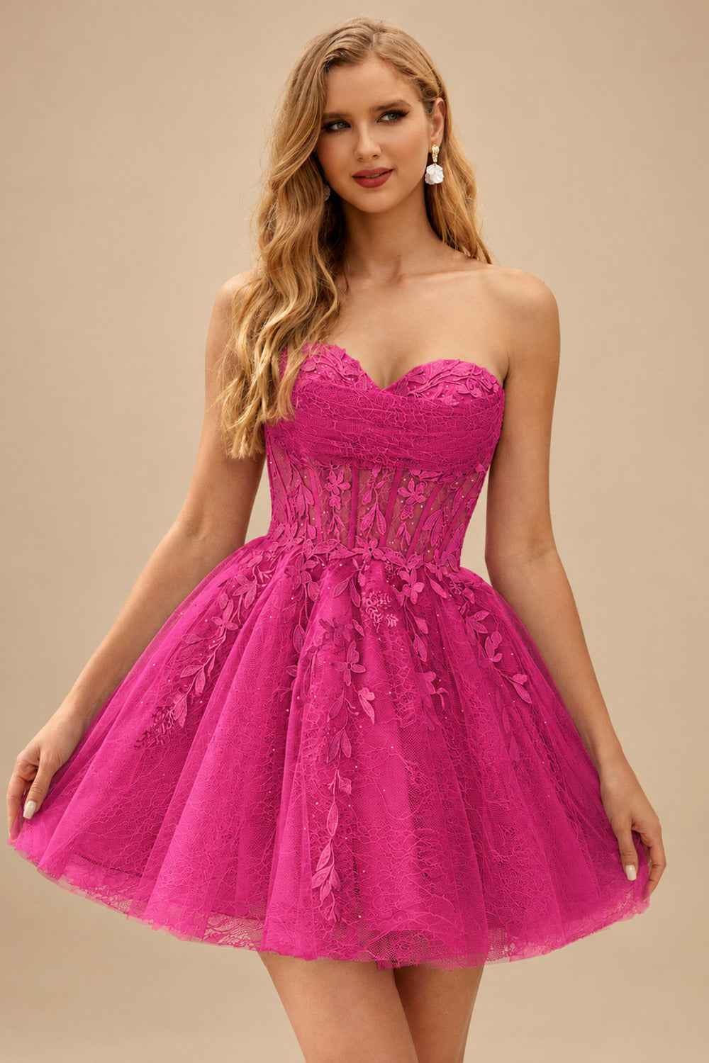 Rutipo Fuchsia A-line Strapless Sweetheart Corset Lace Homecoming Dress with Pleated