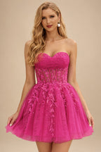 Rutipo Fuchsia A-line Strapless Sweetheart Corset Lace Homecoming Dress with Pleated