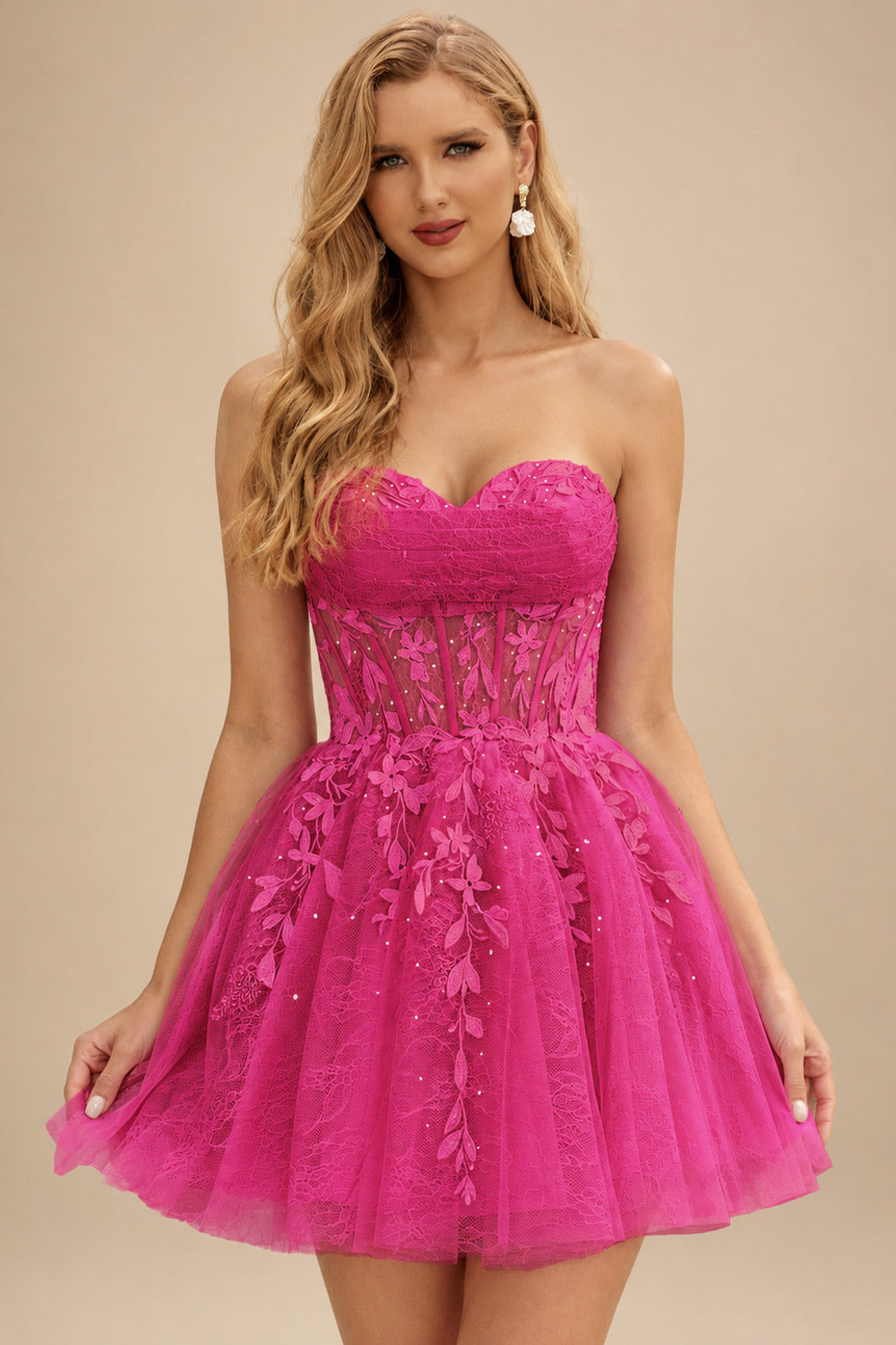 Rutipo Fuchsia A-line Strapless Sweetheart Corset Lace Homecoming Dress with Pleated