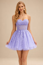 Rutipo Lavender A-line Strapless Sweetheart Corset Lace Homecoming Dress with Pleated