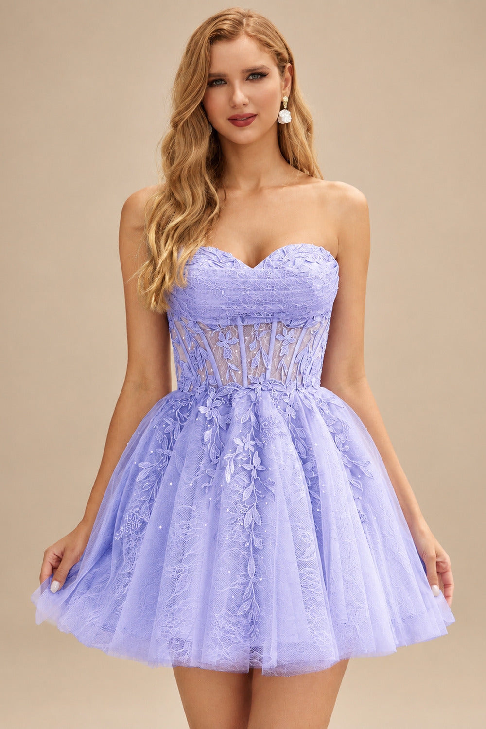 Rutipo Lavender A-line Strapless Sweetheart Corset Lace Homecoming Dress with Pleated