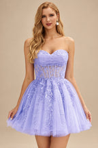 Rutipo Lavender A-line Strapless Sweetheart Corset Lace Homecoming Dress with Pleated