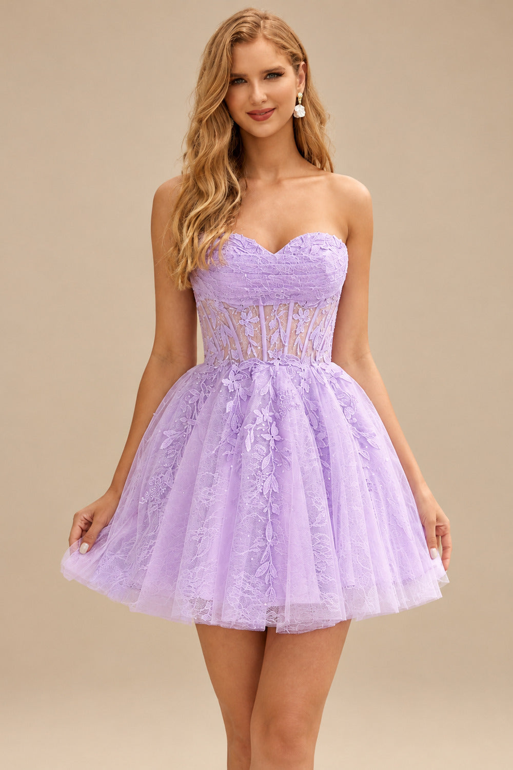 Rutipo Lilac A-line Strapless Sweetheart Corset Lace Homecoming Dress with Pleated
