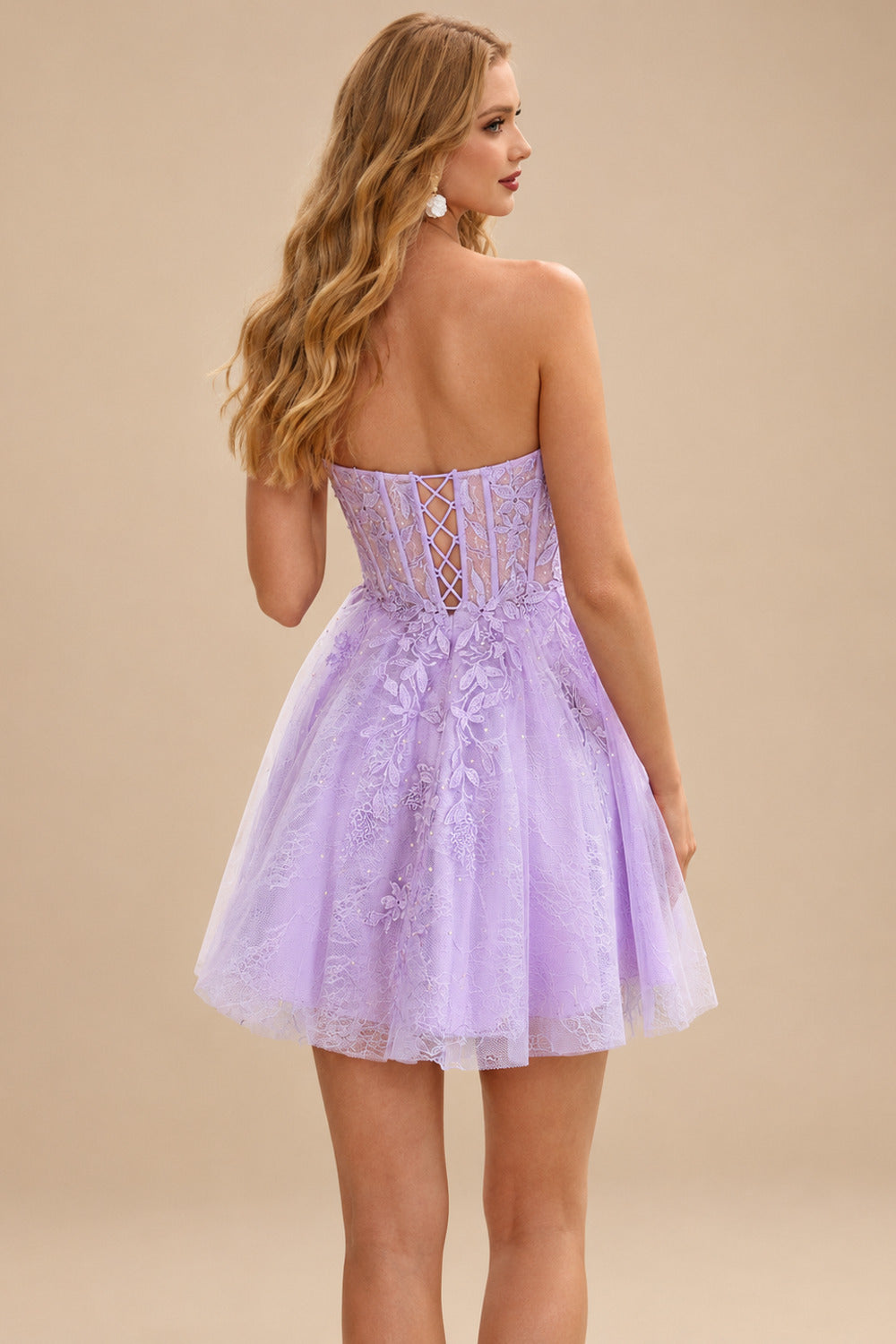 Rutipo Lilac A-line Strapless Sweetheart Corset Lace Homecoming Dress with Pleated