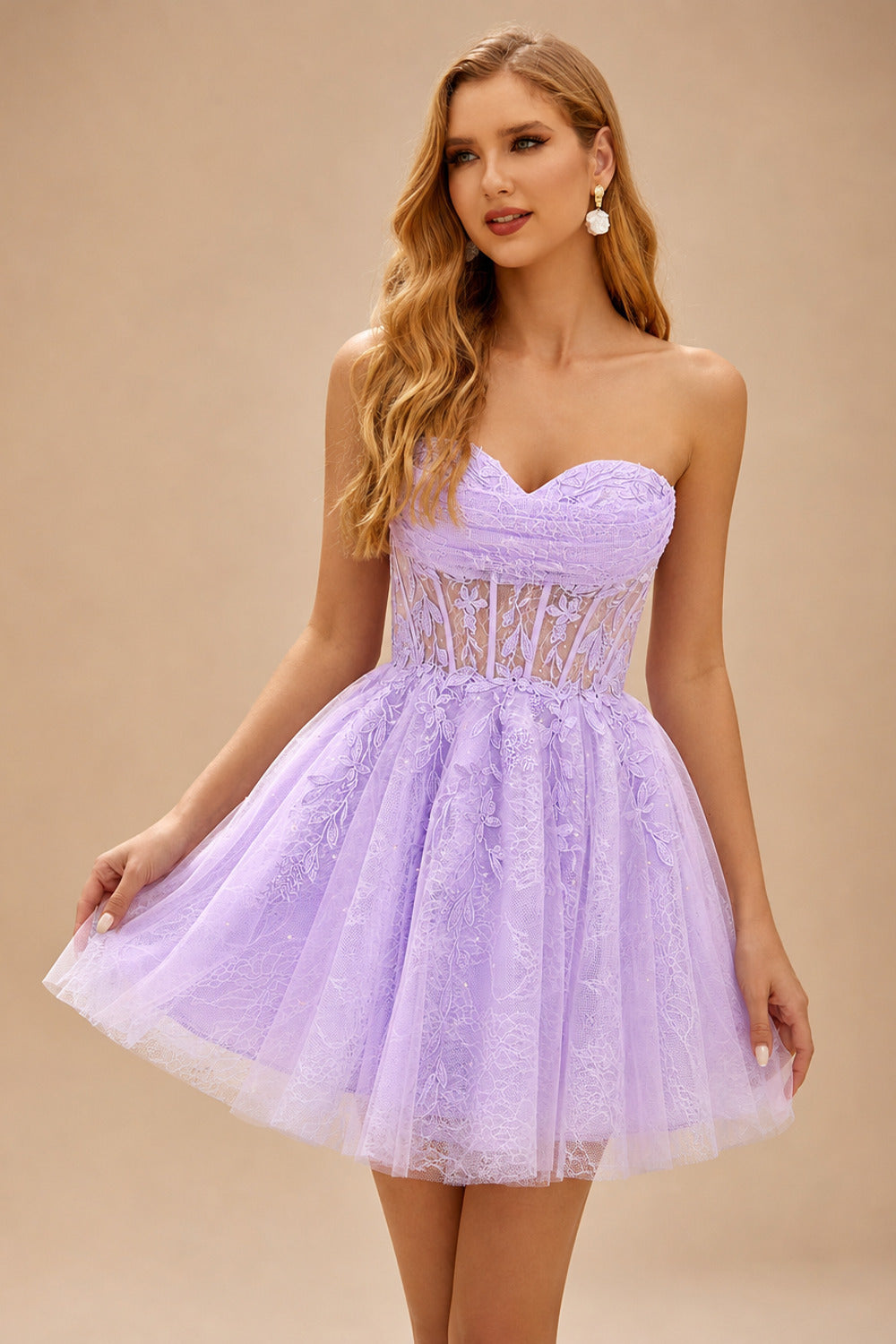 Rutipo Lilac A-line Strapless Sweetheart Corset Lace Homecoming Dress with Pleated