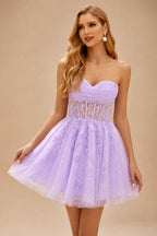 Rutipo Lilac A-line Strapless Sweetheart Corset Lace Homecoming Dress with Pleated