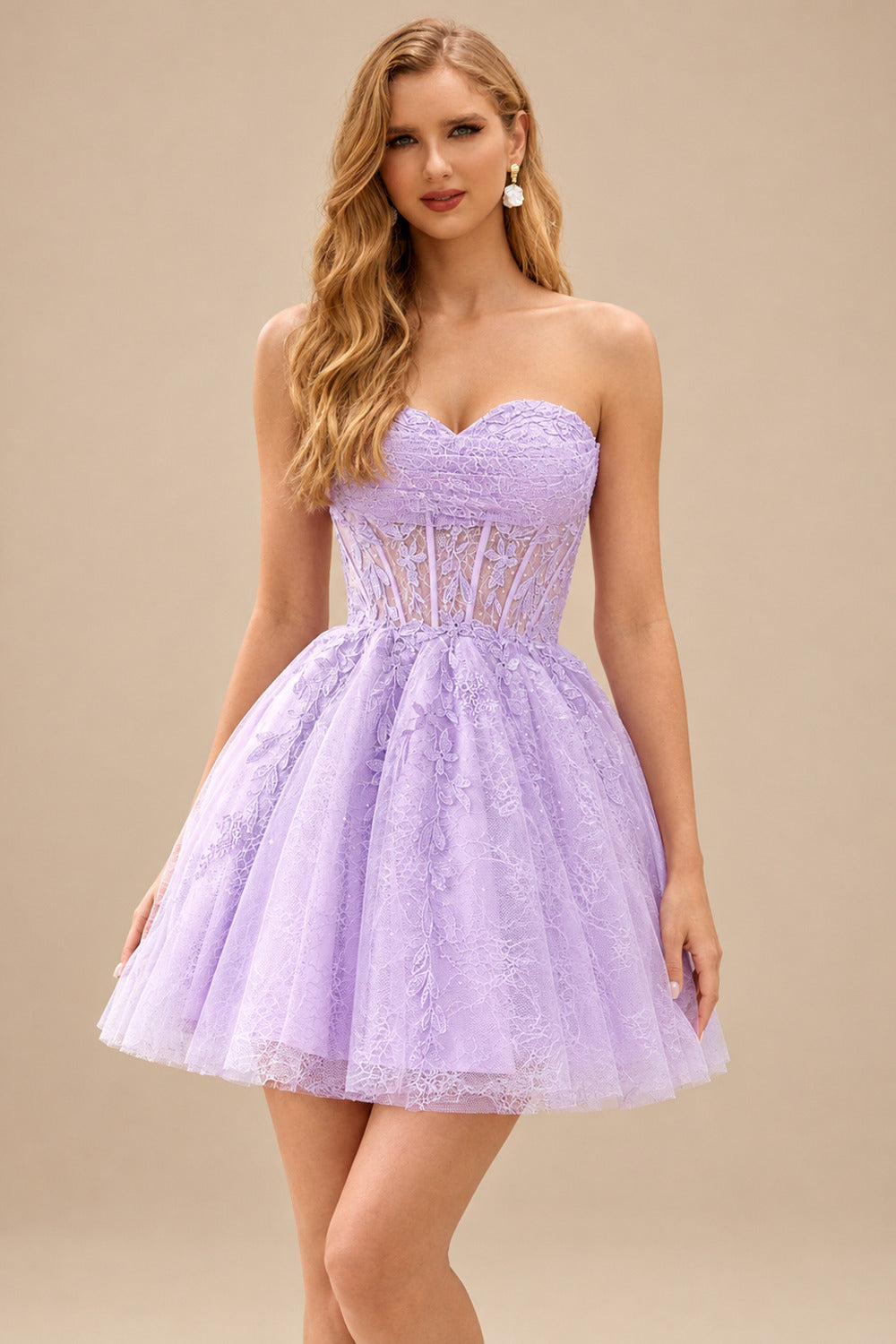 Rutipo Lilac A-line Strapless Sweetheart Corset Lace Homecoming Dress with Pleated