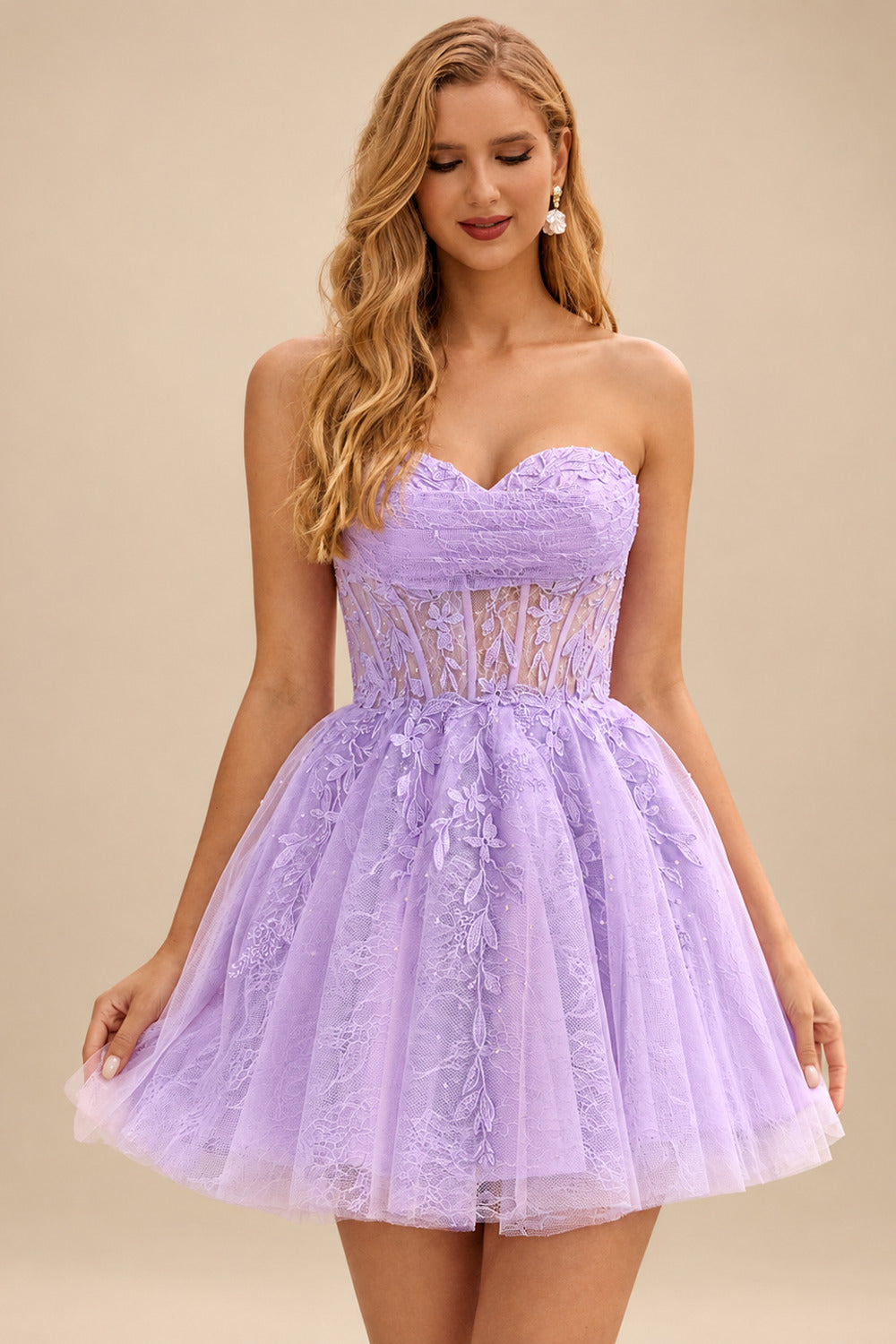 Rutipo Lilac A-line Strapless Sweetheart Corset Lace Homecoming Dress with Pleated
