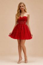 Rutipo Red A-line Strapless Sweetheart Corset Lace Homecoming Dress with Pleated