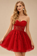 Rutipo Red A-line Strapless Sweetheart Corset Lace Homecoming Dress with Pleated