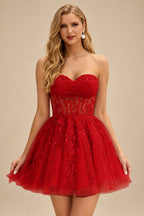 Rutipo Red A-line Strapless Sweetheart Corset Lace Homecoming Dress with Pleated