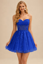 Rutipo Royal Blue A-line Strapless Sweetheart Corset Lace Homecoming Dress with Pleated