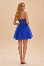 Rutipo Royal Blue A-line Strapless Sweetheart Corset Lace Homecoming Dress with Pleated