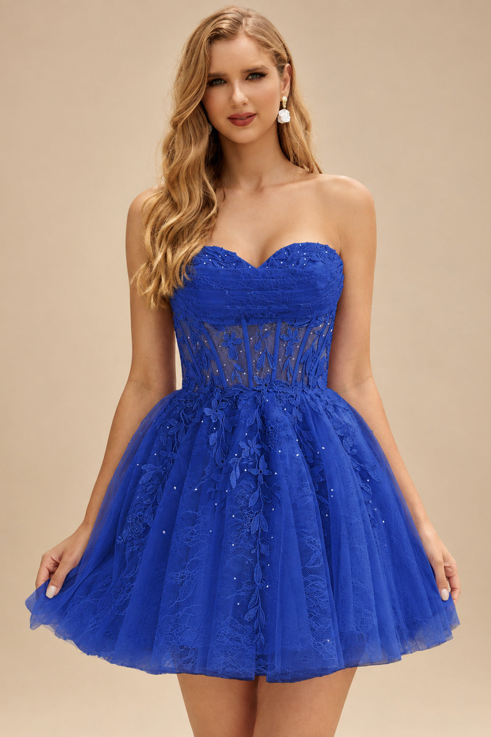 Rutipo Royal Blue A-line Strapless Sweetheart Corset Lace Homecoming Dress with Pleated