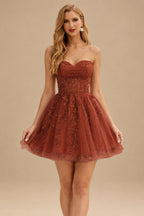 Rutipo Rust A-line Strapless Sweetheart Corset Lace Homecoming Dress with Pleated