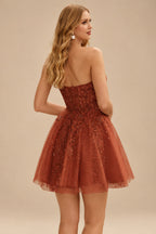 Rutipo Rust A-line Strapless Sweetheart Corset Lace Homecoming Dress with Pleated