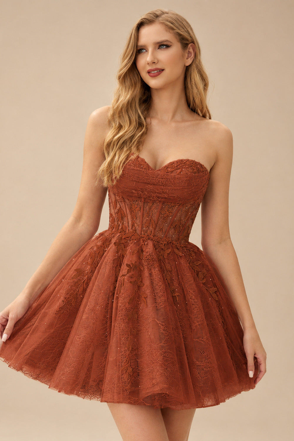 Rutipo Rust A-line Strapless Sweetheart Corset Lace Homecoming Dress with Pleated